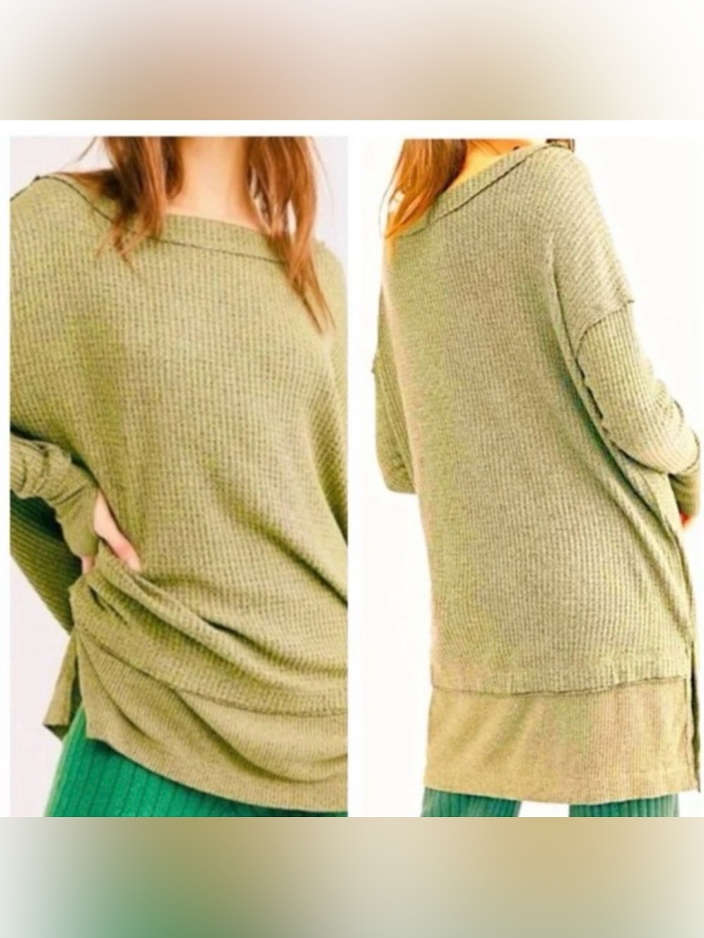 Free People North Shore Pear Green Waffle Knit Top NWT